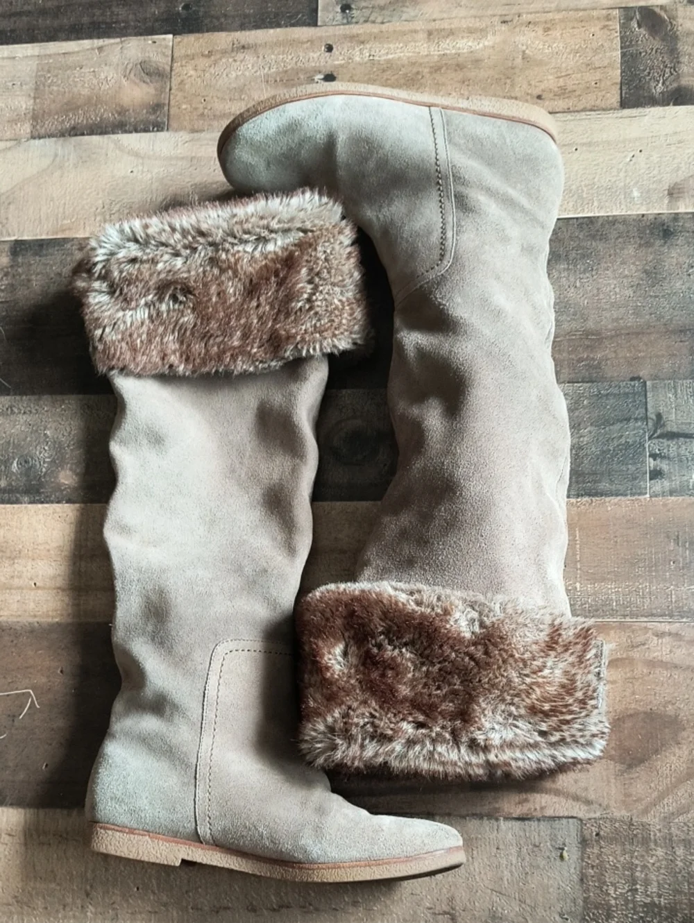 Sam Edelman Orlando Beige Leather Suede Knee High Faux Trim Flat Boots Sz 7.5